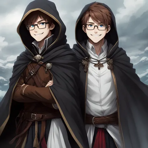 Wizard, anime, red eyes, short brown hair, white uniform, mischievous grin, black cloak, boy, glasses