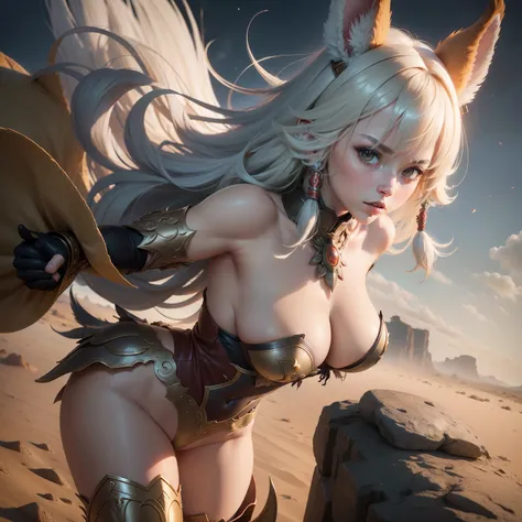 Beastman　Hunting life　infp young woman
　Wearing shabby armor made of animal leather、high-level image quality、8K，Raw photo、(masutepiece, High resolution, Photorealsitic:1.4), (Beastman woman with sensual breasts:1.3), No clothes、Rabbit ears on the head、Silv...