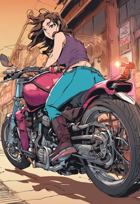 anime big breast，Girl riding a motorcycle，Dogs chase motorcycles