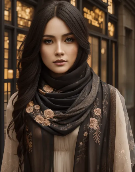 handsome girl. autumn in the city,  scarf with floral embroidery with ribbons, grunge,  glass, dark botany, digital arts, high d...