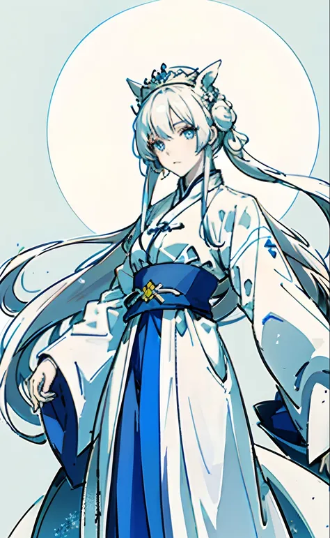 Anime 4K quality,Anime heroine，Royal Sister，White color hair，White-colored skin，long whitr hair，Single horsetail，Light blue eyes，Hanfu，swim wears