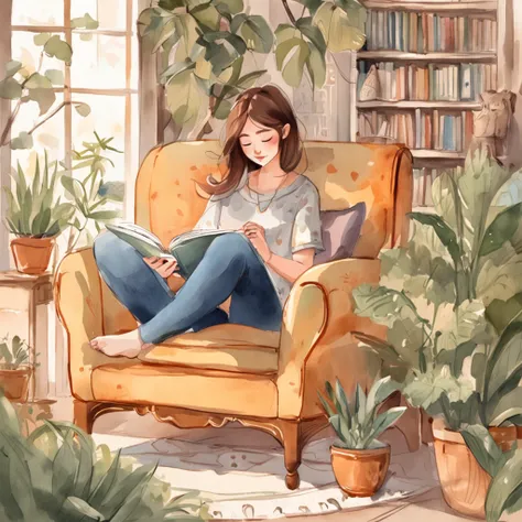 there is a woman sitting in a chair reading a book, lofi girl, lo-fi illustration style, cats and plants, lofi girl aesthetic, reading a book, dreamy illustration, cute illustration, relaxing mood, studying, lofi art, relaxing concept art, blurry and dream...