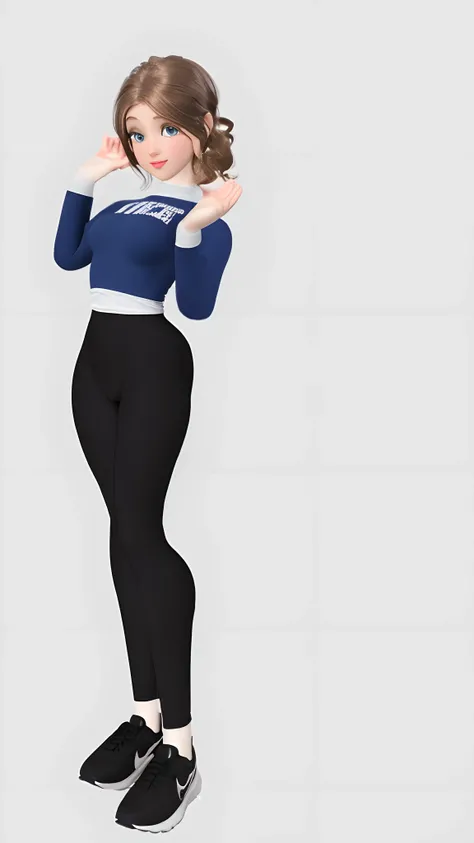 Make equal to the attached image a closeup of two women in tight pants and a blue top, thicc, detalhes do corpo inteiro, hands behind her body pose!, Pose divertida de corpo inteiro, corpo inteiro altamente detalhado, em roupas! altamente detalhado, tiro d...