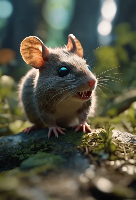 photorealistic, "smiling mice" in middle of the forest close to the tree, 8k realistic cinematik uhd 16:9 , Miki Asai Macro photography, close-up, hyper detailed, trending on artstation, sharp focus, studio photo, intricate details, highly detailed, by gre...