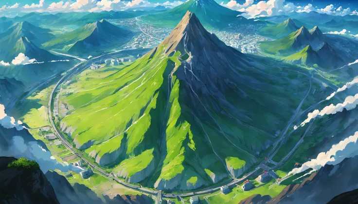 tmasterpiece，best qualityer，scenecy，green mountains，A large green mountain in the shape of pudding，There is a road through it, volcanoes, Aerial view of the mountain，Skysky