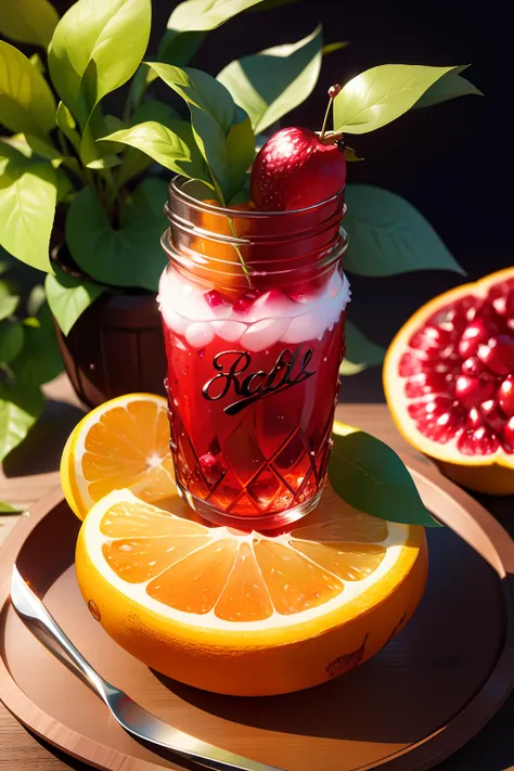 A fresh one, Juicy pomegranate with ice and leaves, Place next to a cute Dr. Pepper jar. Use bright colors to create an enticing and pleasing image.