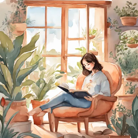 there is a woman round head sitting in a chair reading a book, lofi girl, lo-fi illustration style, cats and plants, lofi girl aesthetic, reading a book, dreamy illustration, cute illustration, relaxing mood, studying, lofi art, relaxing concept art, blurr...