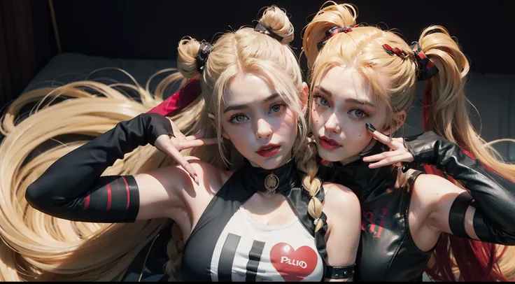 Harley Quinn with a double ponytail that falls over her chest and her blonde sister with a hairstyle of double buns and double braids that fall over her chest, vestindo uma roupa de policial preta, imagem de corpo inteiro, imagem realista.