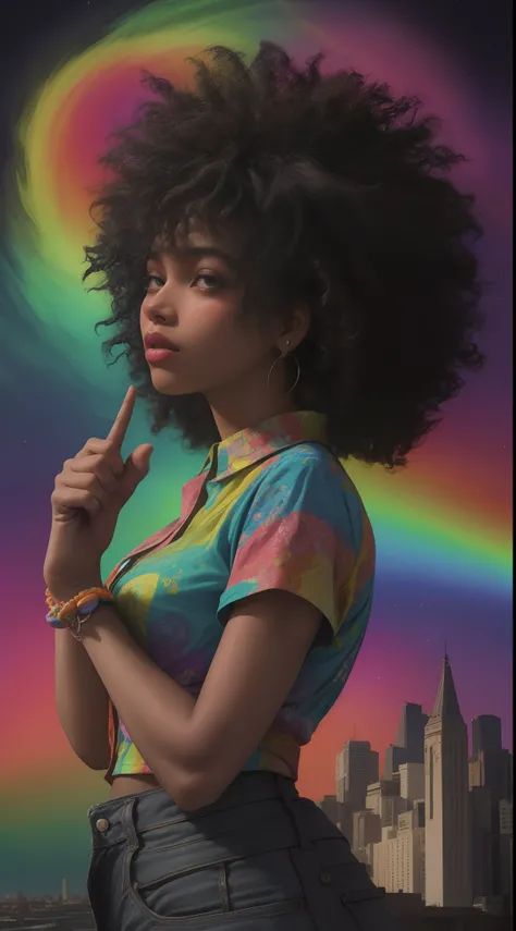 1 garota de 18 anos Afro americana de perfil,saia curta, camisa molhada, segurando os seios grandes, short curly hair color colorful rainbow , fundo cidade a noite neon cores vivas clima de tempestade