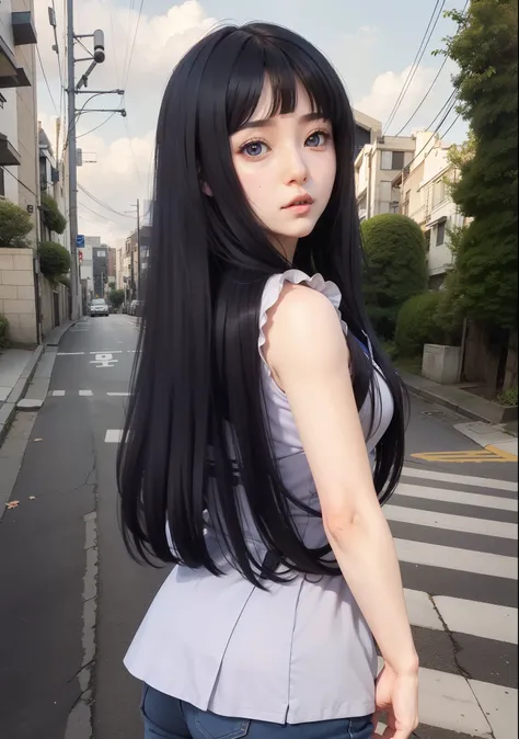 Real life adaption of this character,her name is hinata Hyuga from anime Naruto, she has realistic long hair, the back is neatly cut, while the hair on the front is neatly cut with bangs, She wears the exact same clothes but makes them more realistic, more...