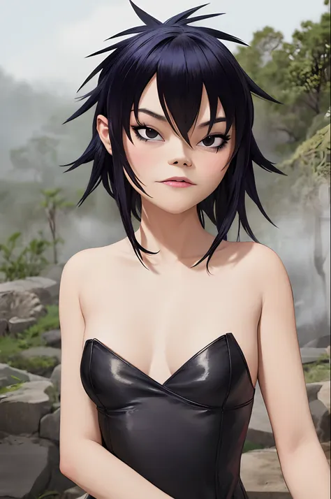 (masterpiece, best quality:1.2),  noodle (gorillaz), black hair, 1girl, short hair, streaked hair, black eyes, multicolored hair...