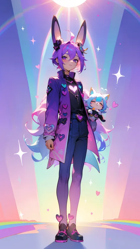 ((A lot for hair,Cute Heart,stele,suns,rainbows,catss,Hair ornaments))Rabbit eared,((male child))((Purple and blue and pink gradient hair colors,))Standing picture,