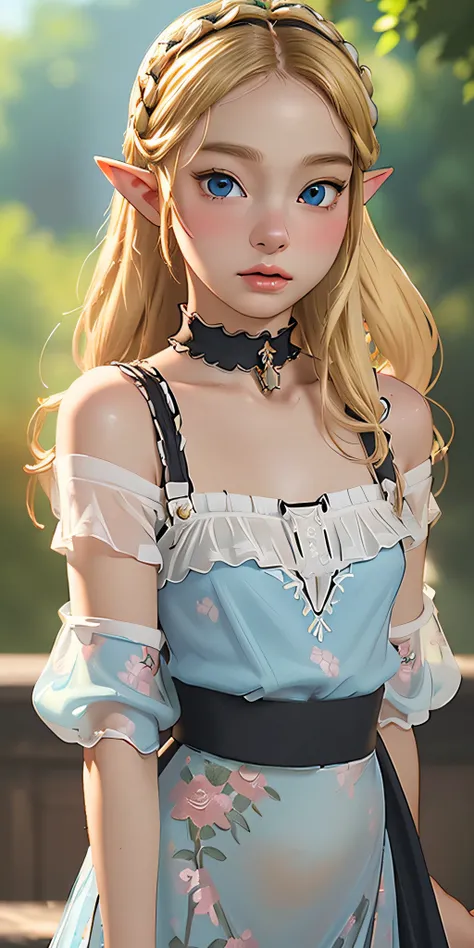 (best quality, masterpiece), 1girl, intricate details, off shoulder, skirt, choker, frills, see-through, looking at viewer, blush, upper body, blurry background, floral print, contrapposto, zelda, princess zelda, blonde, blue eyes, legend of zelda, elf