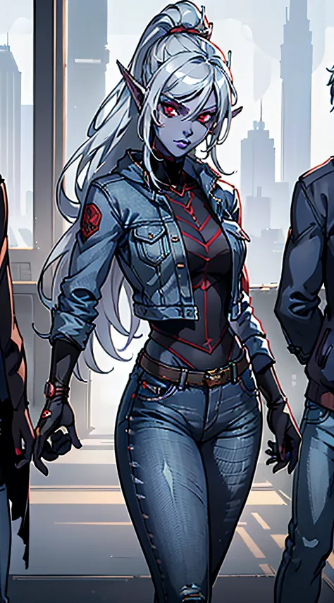 1girl, sexy drow, dark purple-blue skin, pale silver ponytail, ((red eyes)), elf ears, wears ((denim jacket)) and ((jeans)), ((cast light magic)), posing on a busy streer, athletic, volumetric lighting, best quality, masterpiece, realistic, anatomically co...