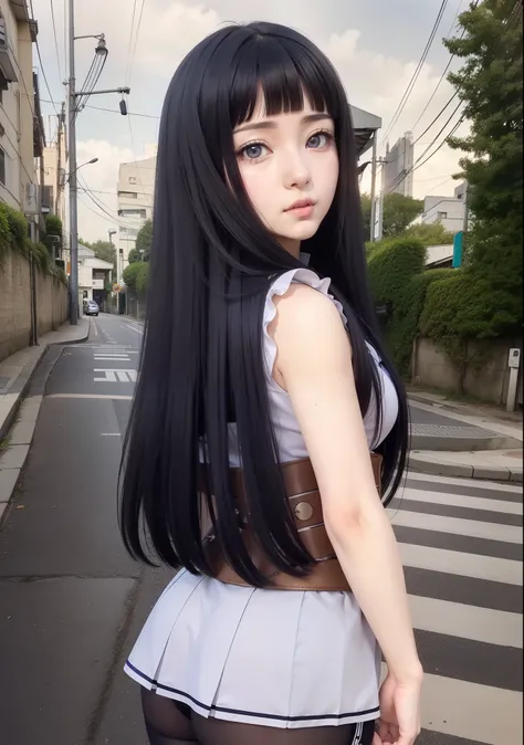 Real life adaption of this character,her name is hinata Hyuga from anime Naruto, she has realistic long hair, the back is neatly cut, while the hair on the front hair is Neatly cut bangs, realistic outfit with same pattern and On his waist there is like a ...