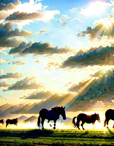 **Wild horses with fluttering manes running towards the camera, Chovendo, realistic and cinematic panorama, detalhes perfeitos no estilo de Greg Beecham, Pintor Americano, 8k, 300ppi, 22:12