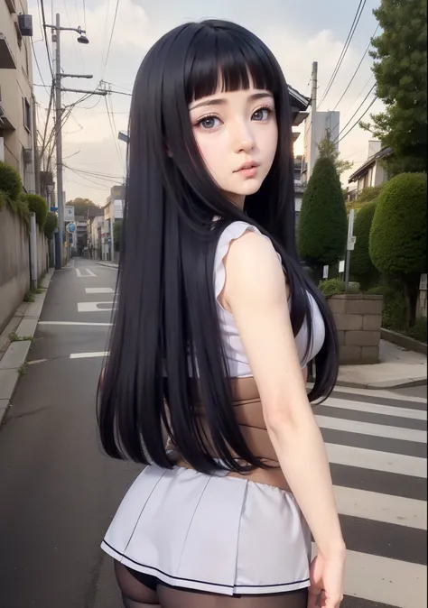 Real life adaption of this character,her name is hinata Hyuga from anime Naruto, she has realistic long hair, the back is neatly cut, while the hair on the front hair is Neatly cut bangs, realistic outfit with same pattern and On his waist there thing with...