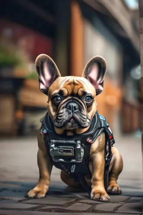 a cute French bulldog, Welpe, aus Metall, Cyborg, Cyberpunk-Stil, ((komplizierte Details)), HDR, ((komplizierte Details, hyperdetailliert)), Filmaufnahme, Vignette