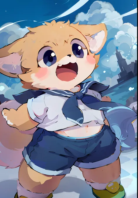 Anime characters of cats in sailor suits and small shoes, Mini cute style for male furry, fox from league of legends chibi, fluffy chest, cute anime catgirl, full body portrait of a short!, hairy chest, kemonomimi, Cute anime, zerochan art, anime cat, Eeve...