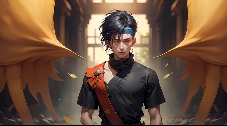 Ninja Young man black hair blue eyes short hair handsome leaf villiage headband kunai in hand ready to fight bleading