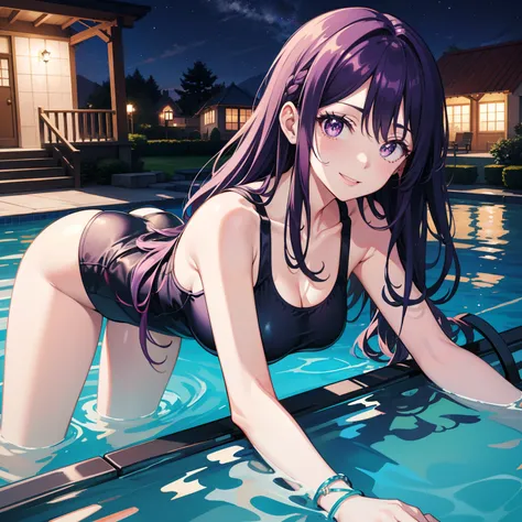 1girl, solo, Hoshino Ai, symbol-shaped pupils, star-shaped pupils, bright purple eyes, sparkling eyes, star in eye, symbol in eye, purple hair, long hair, angle outfit (masterpiece:1.2), highres, best quality, 8k, very clear, pool, house laying down on bac...