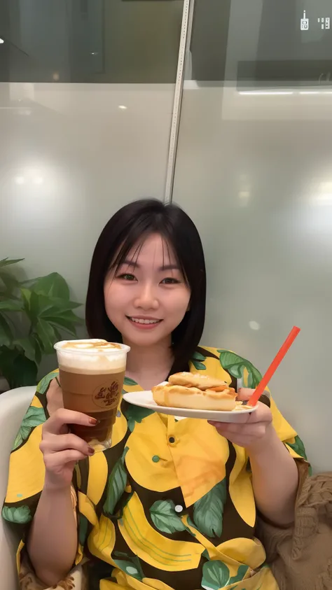 woman holding a plate of food and a drink in front of a window, profile image, mai anh tran, mukbang, profile pic, joy ang, profile picture, drinking a coffee, drinking coffee at central perk, inspired by Kim Jeong-hui, drinking coffee, with a drink, sitti...