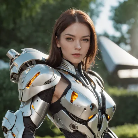 a woman in a futuristic Gold suit posing in park, cute cyborg girl, beutiful white girl cyborg, girl in mecha cyber armor with bright led, (perfect body:1.4), (Perfect proportions:1.4), (Long dark viking style Hair:1.4), Big Green Eyes, HDR (High Dynamic R...