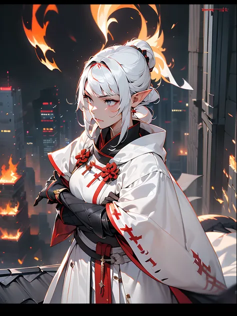 ((jpn)),((Best Quality)),((Beautifully painted)),((hight resolution)),1girl in,Beautiful Elven Daughter,((onmyouji)),((suikan)),((White cloak with red decoration)),Luminescent bushy silver-haired ponytail,Shining eyes,(((black dragon gauntlet and glove))),...