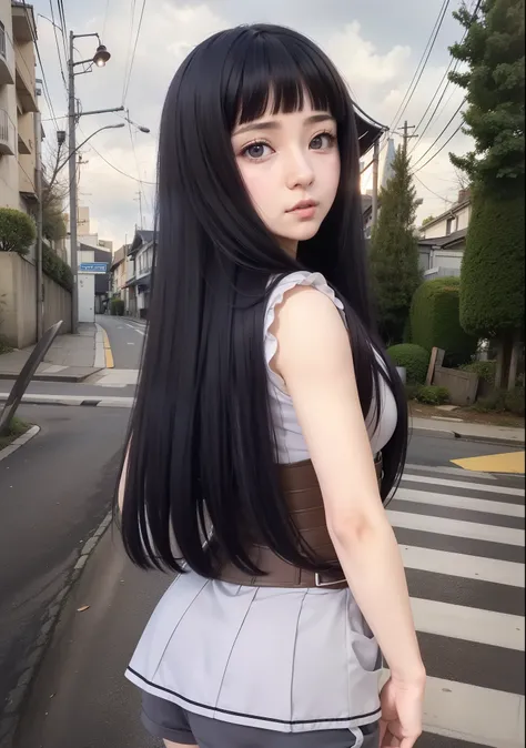 Real life adaption of this character,her name is hinata Hyuga from anime Naruto, she has realistic long hair, the back is neatly cut, while the hair on the front hair is Neatly cut bangs, realistic outfit , Waist corset brown color, more realistic grey sho...