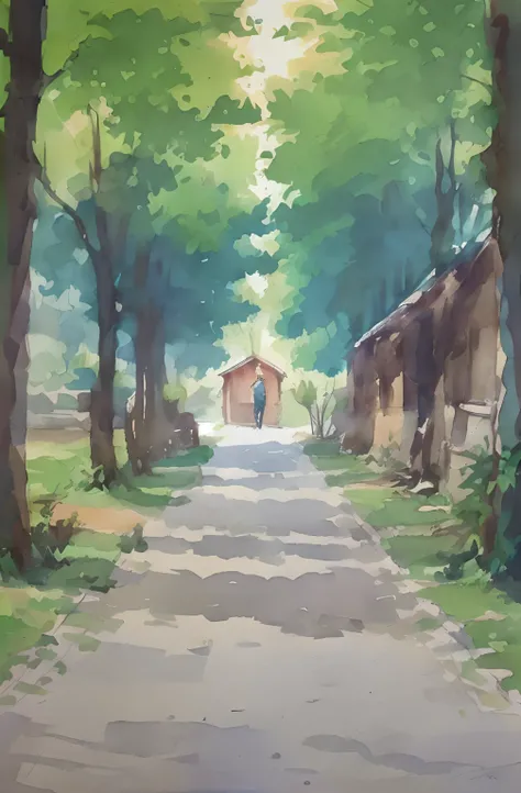 NOhumans，watercolor paiting，Forest path，the trees，shining sun，tree shade