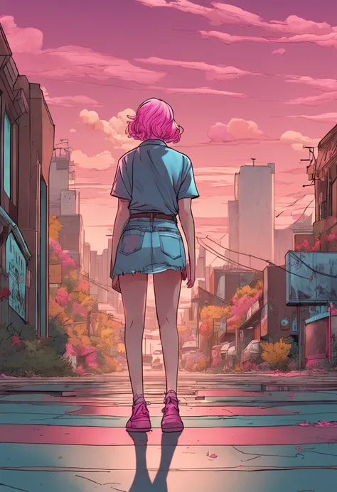 Anime, classic American taste, tall mother, pink hair, T-shirt, jean skirt, solo,