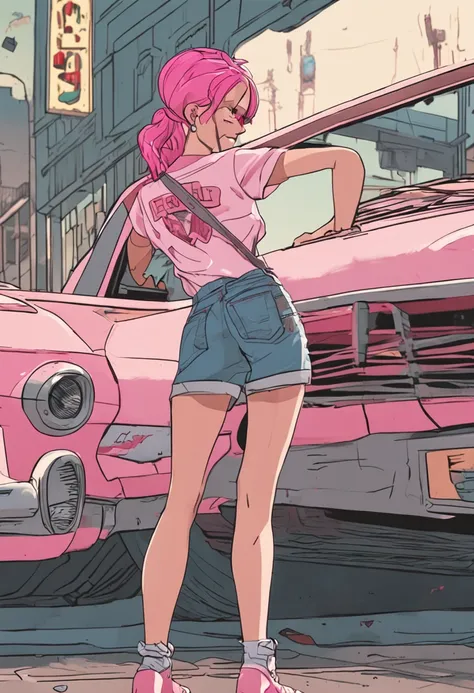 Anime, classic American taste, tall mother, pink hair, T-shirt, jean skirt, solo,