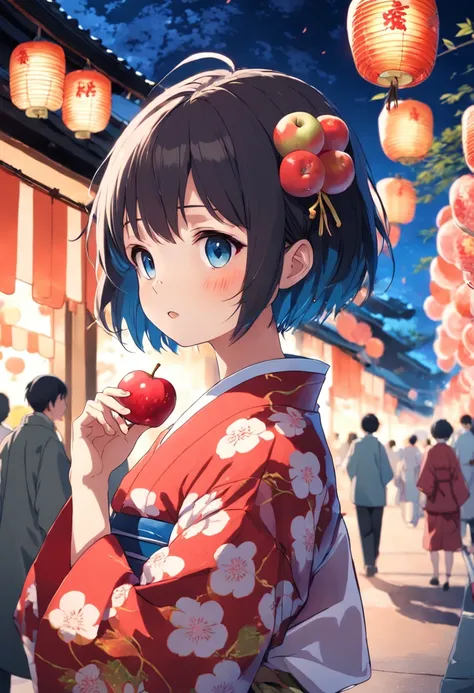 Short-haired girl in yukata is enjoying apple candy at a festival。