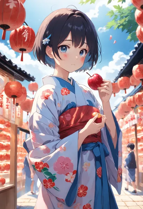 Short-haired girl in yukata is enjoying apple candy at a festival。