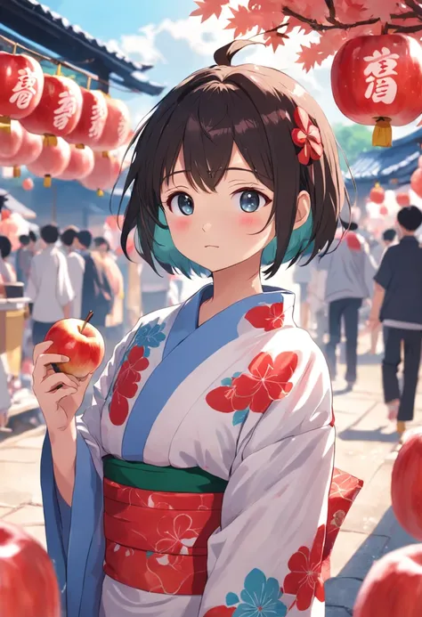 Short-haired girl in yukata is enjoying apple candy at a festival。