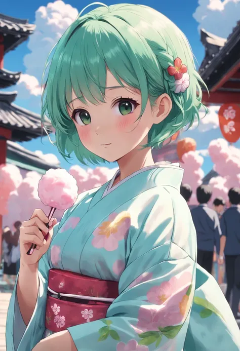 Short-haired girl in yukata enjoying cotton candy at a festival。Hair color is green。Cute yukata design and、Express your image in a cute pose。