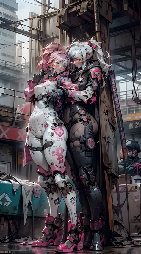 Mecha，Thick mech，In pink，red colour，black in color，white colors，purpleish color，Lots of detail，Mix and match，metalictexture，Ruined city，Dirty streets，Combat damage mech，Full body like，Huge bust，Take to the skies，nakeness，Large amounts of colored liquid