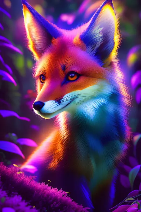 um close up de uma raposa iriscente com uma cauda brilhante em uma floresta, ethereal fox, raposa digital, arte digital animal foto, Retrato de uma raposa antro, stunning digital illustration, arte digital detalhada bonito, arte fantasia behance, 8k arte d...