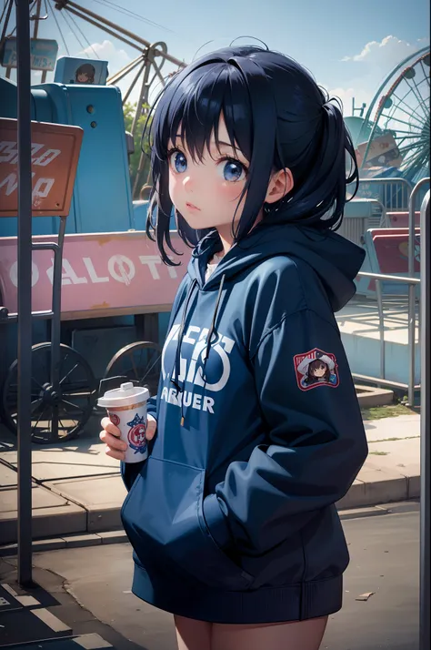 A little girl wearing a blue hoodie, messy hair, (2d illustration:1.2), visual clutter, (1girl:1.3), ((abandoned amusement park)), evening