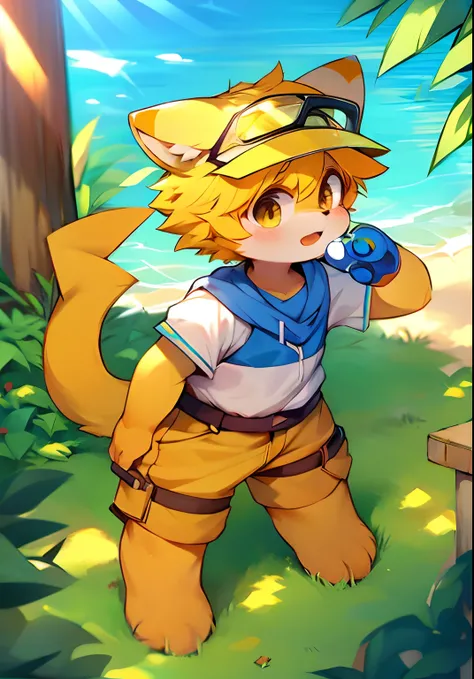 mammal, Furry, Orange-yellow hair。Male, Solo, wears, visor,  Summer,standing on your feet，Pokémon trainer