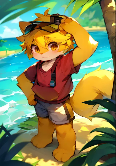 mammal, Furry, Orange-yellow hair。Male, Solo, wears, visor,  Summer,standing on your feet，Pokémon trainer