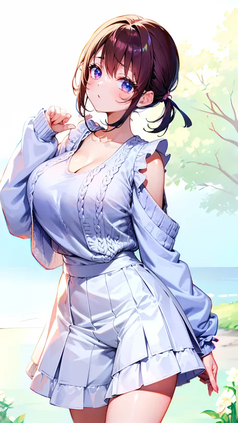 女の子1人,(,petite short stature),animesque、Young and cute idol face、(Lorioppai)(Clothed big breasts , Loli breasts,Mi Hot Pants）Double piece with hands raised (WatercolorPrivate Services, Shoulder Knitwear,Shoulders exposed、Back exposure） Huge breasts,