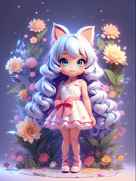 1girl, animal ears, tail, chibi, white hair, cat ears, solo, cat tail, long hair, hair ornament, cat girl, virtual youtuber, dress, blue eyes, ahoge, bow, white background, animal ear fluff, hairclip, holding