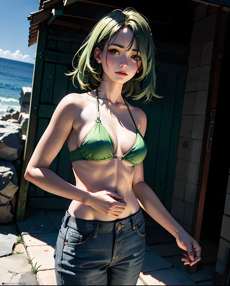 realistic photo, a realistic photo of 18yo girl in a green bikini, green hair, beach, (1girl), (extremely detailed CG unity 8k wallpaper), photo of the most beautiful artwork in the world, professional majestic (photography by Steve McCurry), 8k uhd, dslr,...