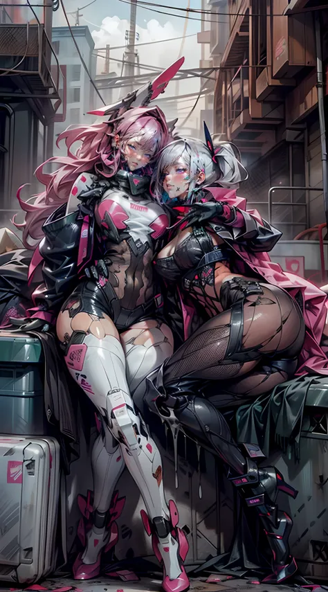 Mecha，Thick mech，In pink，red colour，black in color，white colors，purpleish color，Lots of detail，Mix and match，metalictexture，Ruined city，Dirty streets，Combat damage mech，Full body like，Huge bust，Take to the skies，nakeness，Large amounts of colored liquid