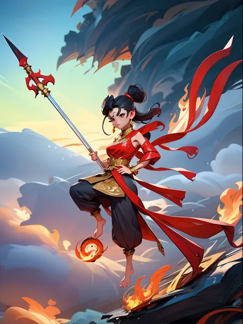 1girl, blood on face, angry, holding spear, (flying), chinese mythology,cloudy, detailed sky, abstract background, (flame_surge_style:0.5)