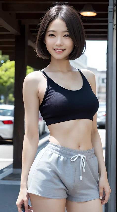 1womanl,Tank tops,Boxer shorts,(Small buttocks),small tits,long ,Clothes are sheer,Smiling smile, (Shorthair Flying),Hair flutters, de pele branca,big breasts thin waist,Japanese-style street, Hyper-Realism, Cinematic lighting, depth of fields, From below,...