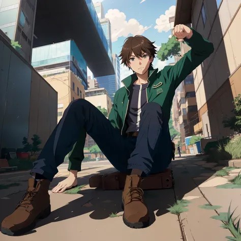 Anime characters sit on the ground of a city，In the background is a building, Handsome anime pose, Tall anime guy with blue eyes, Makoto Shinkai. a digital rendering, makoto shinkai art style, Shinkai Makoto style, young anime man, Makoto Shinkai ( apex le...