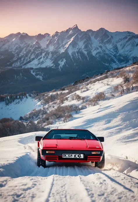 Red 1981 Lotus Esprit Turbo skiing from a snowy mountain