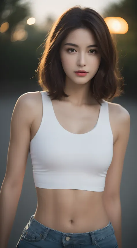 ((Realistic lighting, Best quality, 8K, Masterpiece: 1.3)), Clear focus: 1.2, 1girl, Perfect beauty: 1.4, Slim abs: 1.1, ((Dark brown hair)), (White crop top: 1.4), (Outdoor, Night: 1.1), Park view, Super fine face, Fine eyes, Double eyelids,